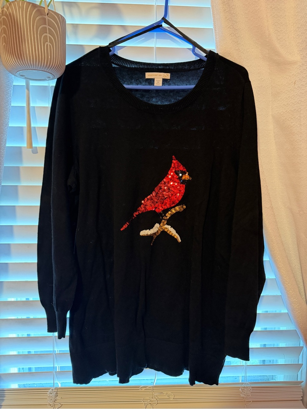 Westport Black Crewneck Sweater with Red Sequin Cardinal